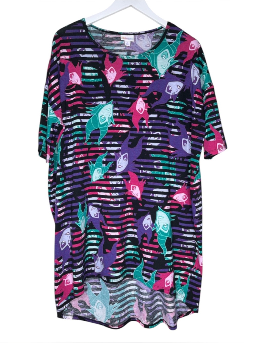 LULAROE Disney Villains Maleficent Stripe Hi Lo Tunic Top Whimsigoth Purple L